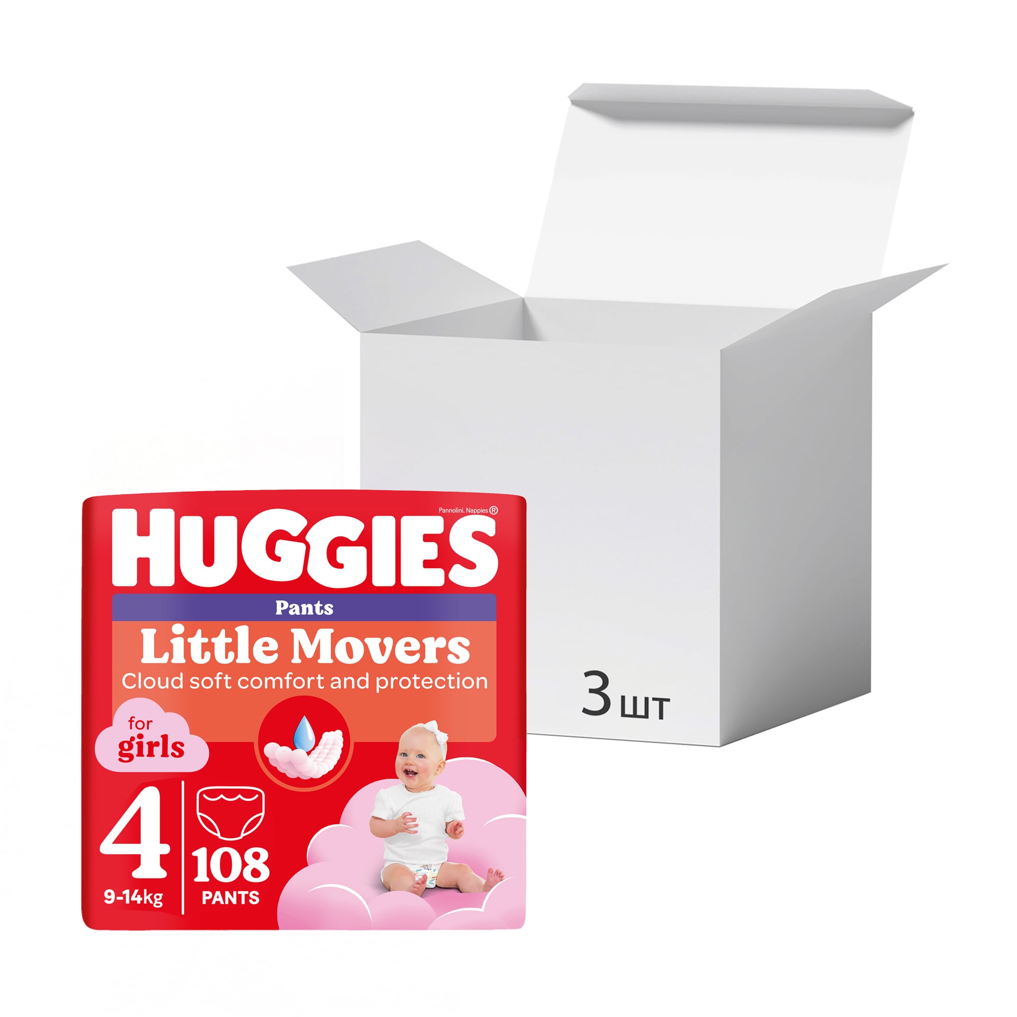 Упаковка підгузків-трусиків Huggies Little Movers Pants для дівчаток, розмір 4 (9-14 кг), 36 шт * 3 шт