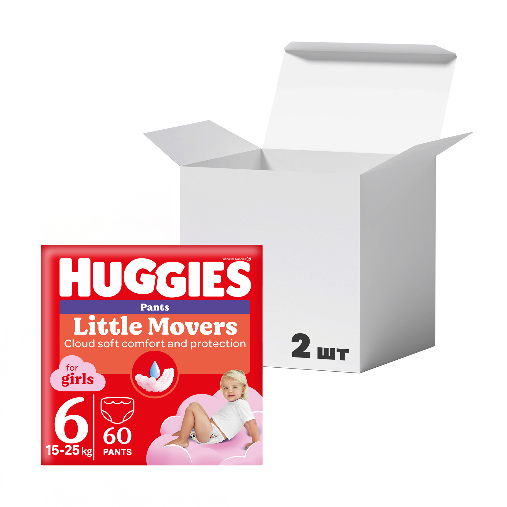 Упаковка підгузків-трусиків Huggies Little Movers Pants для дівчаток, розмір 6 (15-25 кг), 60 шт * 2 шт